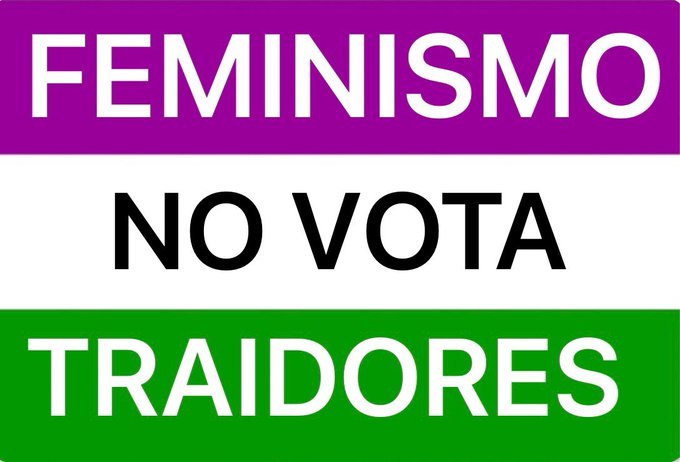 Lema de feministas radicales Feminismo no Vota Traidores en una bandera